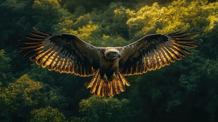 A  eagle soaring high above a verdant forest, its massive wings casting a dramatic shadow on the lush canopy, symbolizing freedom and strength.