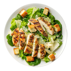 delicious Caesar salad featuring fresh greens, grilled chicken slices, croutons, and shaved parmesan cheese, perfect for healthy meal. Enjoy vibrant colors and textures!