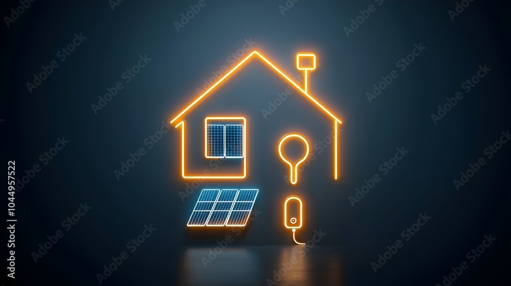 Poster glowing neon house icon with solar panels and plug symbol set against a dark background to represent