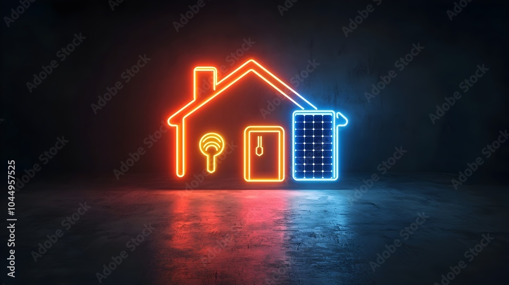Poster glowing neon house icon with solar panels and plug symbol set against a dark background representing