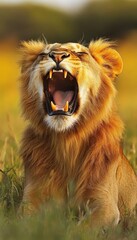 Young Lion Cub with Mouth Wide Open, Letting Out a Mighty Roar in a Grass Field Wildlife Portrait.