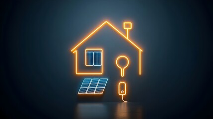 Glowing neon house icon with solar panels and plug symbol set against a dark background to represent sustainable energy and eco friendly living