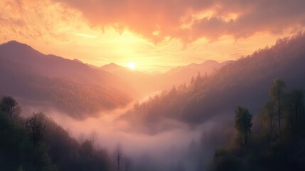 Smoky mountain sunset with misty peaks