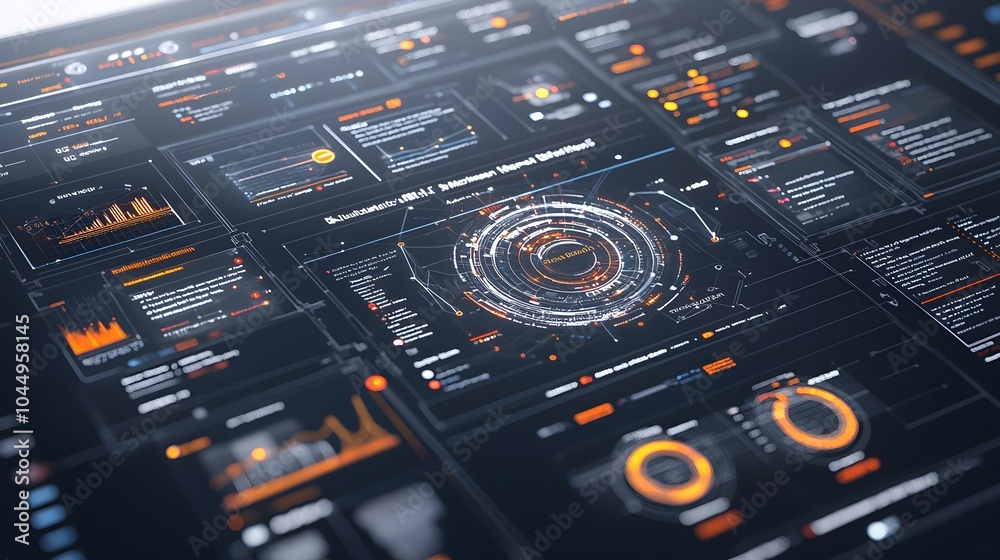 Aufkleber Futuristic 3D virtual business intelligence dashboard with abstract technology interface highlighting data trends performance metrics and analytics in a sleek digital design