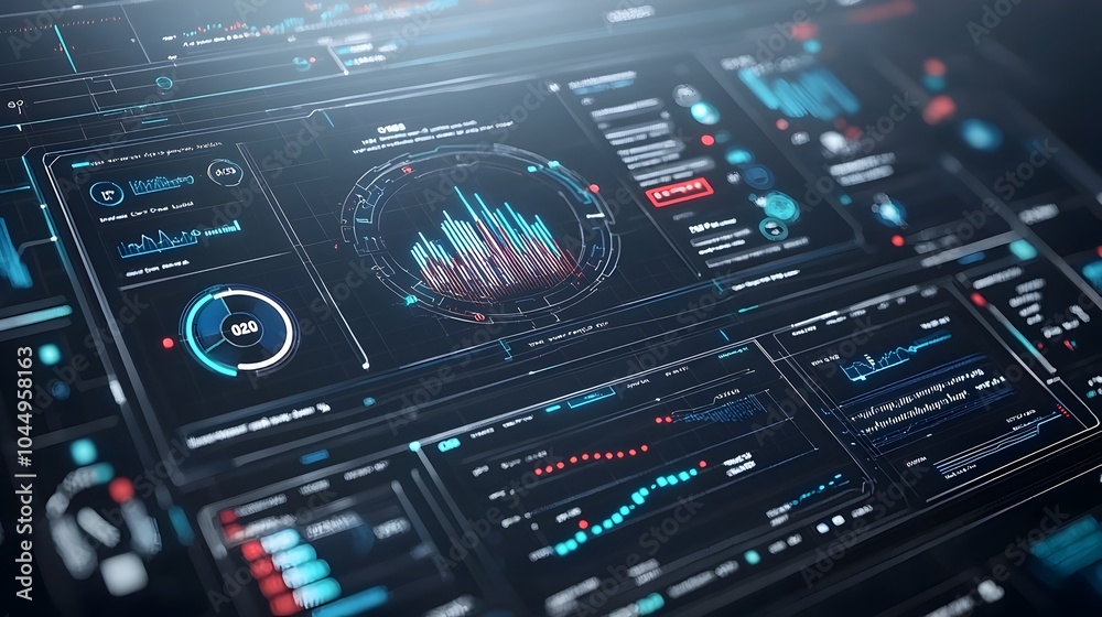 Poster Futuristic 3D Virtual Business Intelligence Dashboard with Abstract Technology Interface Highlighting Data Trends and Performance Metrics in a Sleek Cutting Edge Design