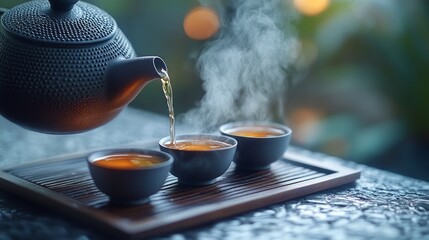 A teapot is pouring tea into three cups on a tray