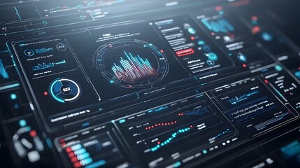 Obraz premium Futuristic 3D Virtual Business Intelligence Dashboard with Abstract Technology Interface Highlighting Data Trends and Performance Metrics in a Sleek Cutting Edge Design