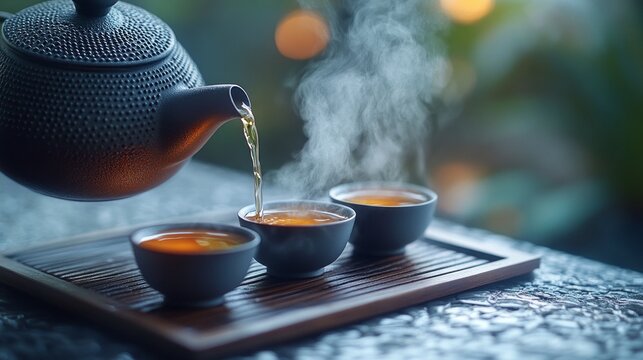 A teapot is pouring tea into three cups on a tray