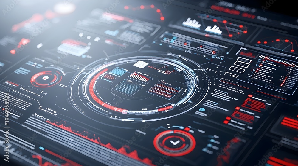 Poster Futuristic Virtual Business Intelligence Dashboard with Abstract Technology Interface Highlighting Data Trends and Performance Metrics in a Modern Digital Design