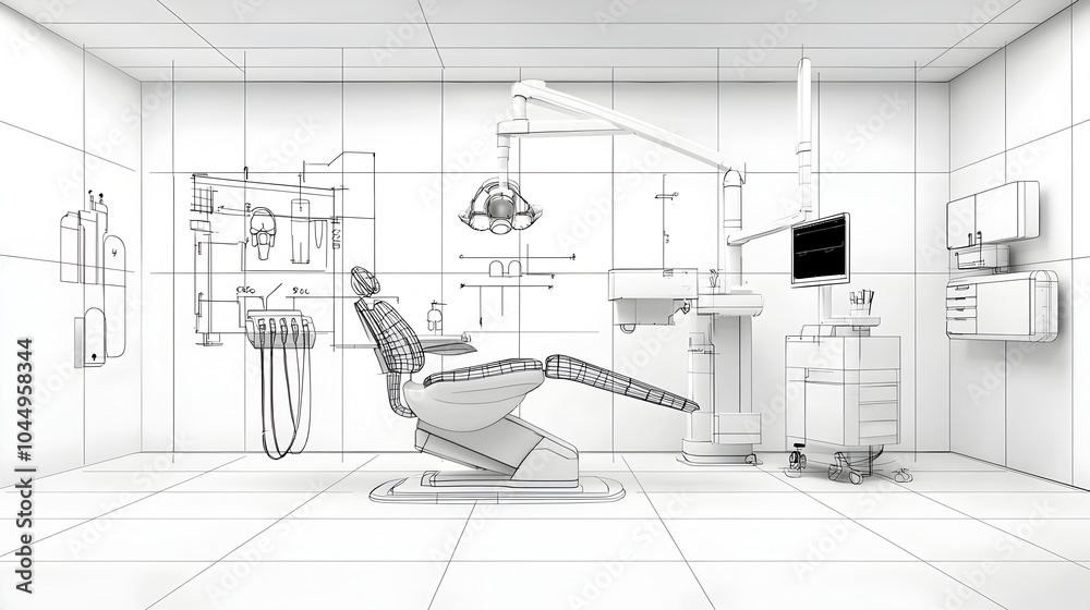 Poster sketched of a modern minimalist dental office with abstract technology elements and futuristic medic