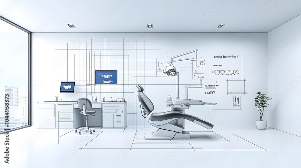 Poster Sketch of a modern minimalist dental office with abstract technological elements and futuristic dental equipment creating a clean and professional healthcare environment