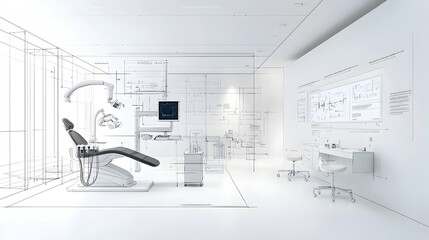 Minimalist black and white sketch of a modern sleek dentist office featuring abstract technology motifs and futuristic dental equipment creating a clean and innovative clinical environment