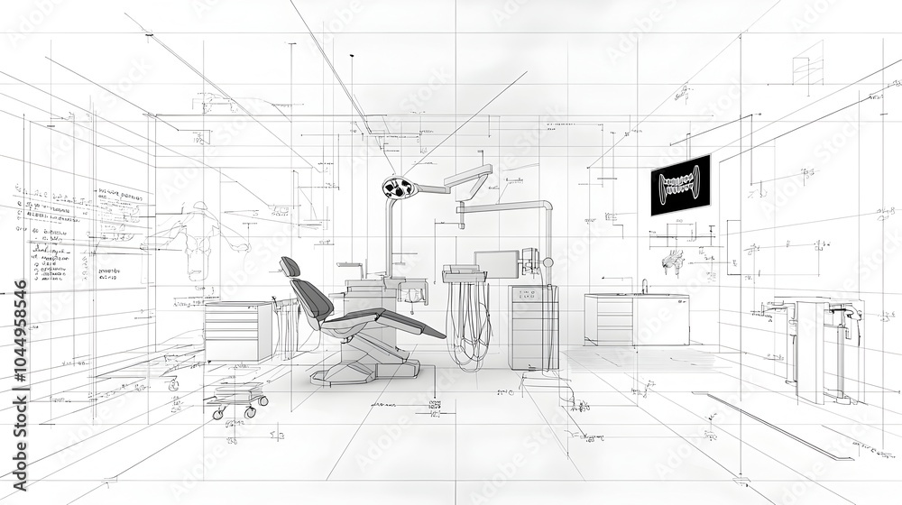 Poster Minimalist showcasing a modern and technologically advanced dental clinic with abstract geometric patterns clean lines and a sophisticated black and white color scheme