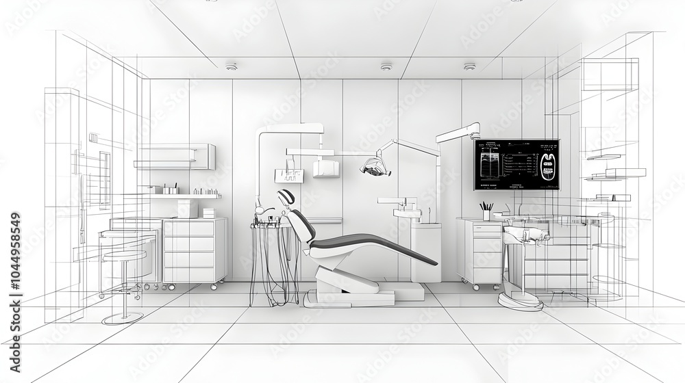 Poster Sleek and modern of a dental clinic interior design featuring abstract technology and geometric elements in a minimalist black and white color scheme  The image showcases the clean