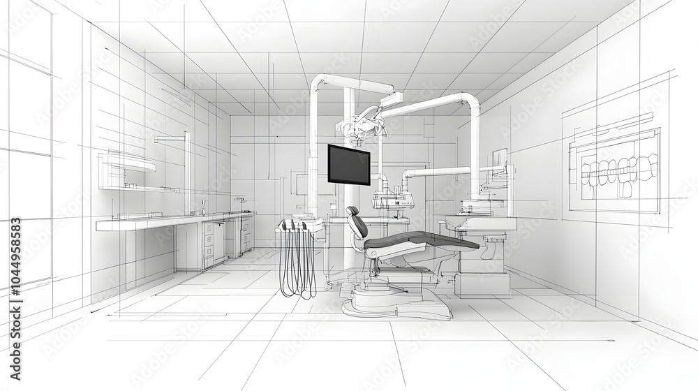 Poster sleek black and white graphic of a high tech modern dental clinic with abstract technology elements 