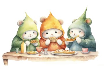 Fototapeta premium Panda cuddly three friends food eating representation.