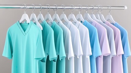 Hanging medical uniforms with stethoscopes ready for doctors in a clinic's organized workspace against a warm beige background