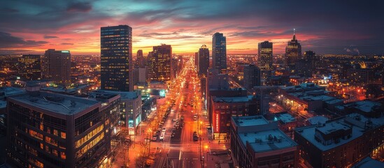 Fototapeta premium An aerial view of a city at sunset, with tall buildings and streetlights illuminating the cityscape.