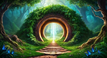 Magical portal surrounded by lush greenery background mysterious portal nestled in the heart of a vibrant forest