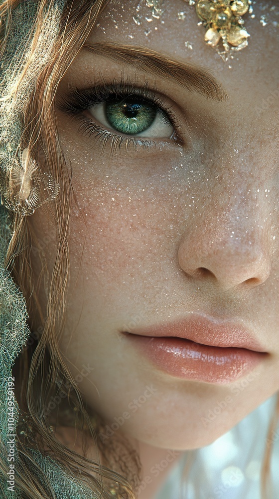 Wall mural Close-Up Portrait of a Woman with Green Eyes and Sparkles