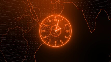 Neon clock isolated, counting down analog clock symbol, Glowing neon clock