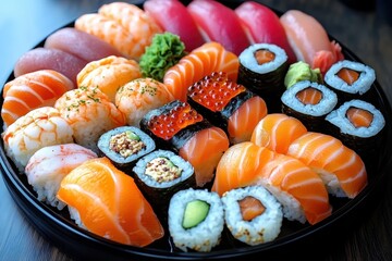 A vibrant and fresh platter of assorted sushi, including rolls and nigiri, showcases a variety of seafood ingredients, beautifully arranged for an appetizing visual.