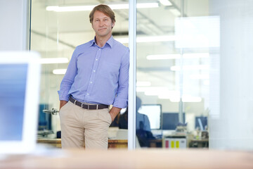 Businessman, portrait or confidence by office door for company progress, success or pride. Smile,...