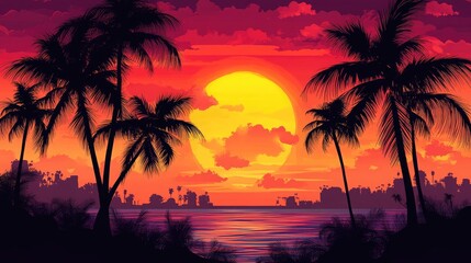 Obraz premium Tropical sunset panorama with palm tree silhouettes
