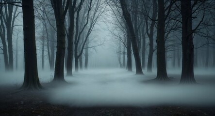 Obraz premium Mysterious fog rolling through an abandoned forest background thick fog creeping along the forest floor obscuring the path ahead