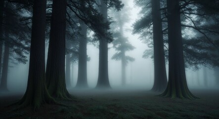 Obraz premium Mysterious foggy forest with towering trees background eerie fog enveloping a dense forest creating a mystical atmosphere