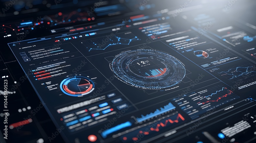 Fototapete Sleek and modern business intelligence dashboard featuring virtual 3D data visualization and abstract technology elements showcasing key metrics insights
