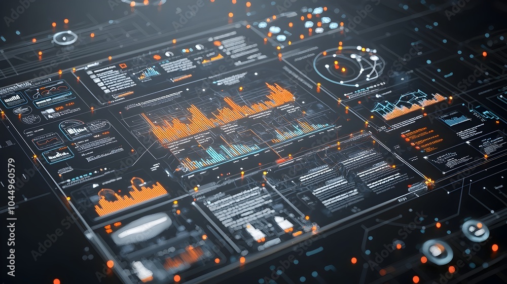 Poster A business intelligence dashboard showcasing key insights and metrics through virtual 3D data visualization and abstract technology elements