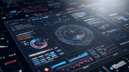 Sleek and modern business intelligence dashboard featuring virtual 3D data visualization and abstract technology elements showcasing key metrics insights