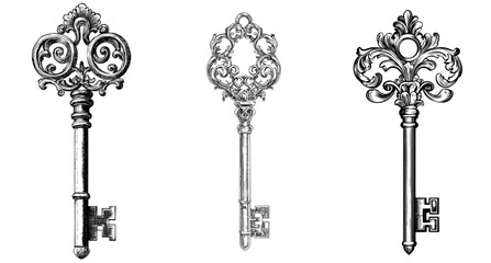 An antique Victorian medieval key in vintage retro style. Hand-drawn modern illustration with contours of an ancient antique Victorian medieval key isolated on white.