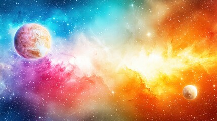 A serene star field with planets and a large galaxy in pastel shades, radiating peaceful energy.