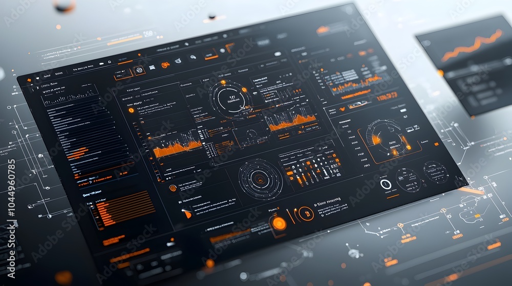 Poster Cutting edge Interactive Business Intelligence Dashboard featuring Abstract 3D Technology Visuals that Showcase Real time Data Analysis and Insights on a Virtual Platform