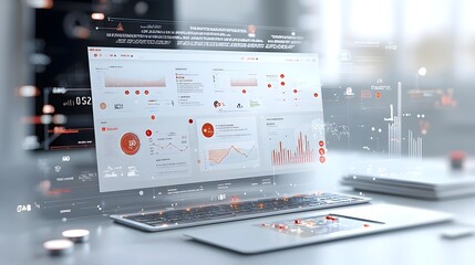 Immersive Business Intelligence Dashboard with Futuristic 3D Technology Visuals Showcasing Real Time Data Analysis and Insights on a Virtual Platform