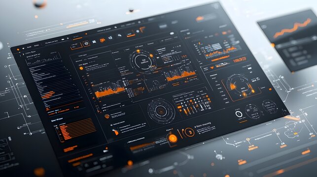 Cutting edge Interactive Business Intelligence Dashboard featuring Abstract 3D Technology Visuals that Showcase Real time Data Analysis and Insights on a Virtual Platform