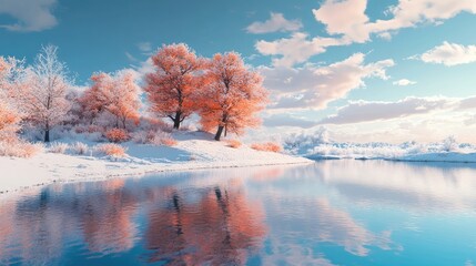 Winter landscape with snow reflection in the water