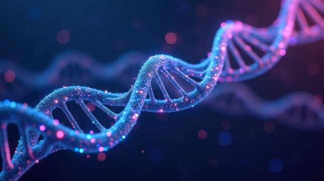 A futuristic 3D representation of a glowing DNA helix, with each strand composed of flowing binary code. - Powered by Adobe