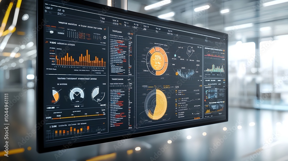 Aufkleber Futuristic 3D virtual business intelligence dashboard showcasing abstract technology interface with data trends performance metrics and visual analytics for financial and corporate data insights