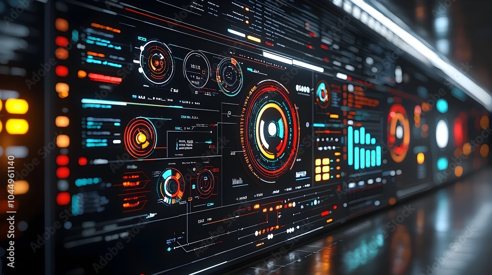 Aufkleber Futuristic 3D virtual business intelligence dashboard with abstract technology interface highlighting data trends and performance metrics in a modern digital design