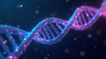 A futuristic 3D representation of a glowing DNA helix, with each strand composed of flowing binary code.