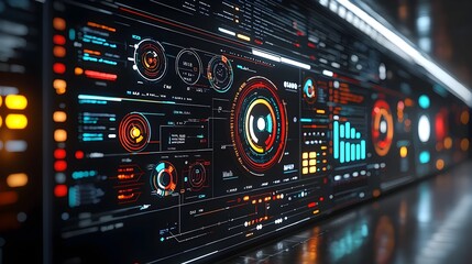 Obraz premium Futuristic 3D virtual business intelligence dashboard with abstract technology interface highlighting data trends and performance metrics in a modern digital design