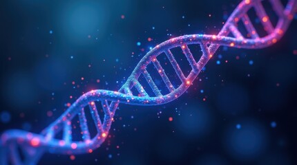 A futuristic 3D representation of a glowing DNA helix, with each strand composed of flowing binary code.