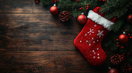 Red stocking with fir-tree branches and christmas decorations on wooden background

