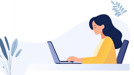 Woman working with a laptop from the side