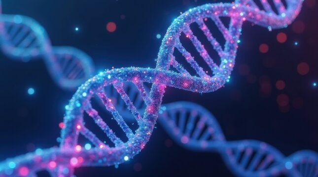 A futuristic 3D representation of a glowing DNA helix, with each strand composed of flowing binary code.