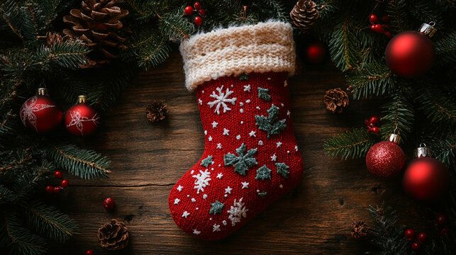 Red stocking with fir-tree branches and christmas decorations on wooden background
