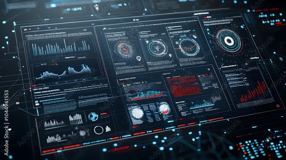 Poster Futuristic virtual business intelligence dashboard featuring abstract 3D data visualizations offering deep insights and analytical tools for strategic decision making and business optimization